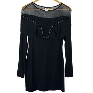 h:ours Black Mesh Overlay Beaded Sheer Long Sleeve Sheath Dress Size S